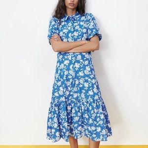 ZARA blue print ruffle cotton midi dress